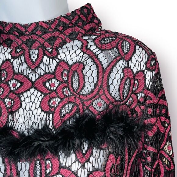 Dance & Marvel Lace Mockneck Open Back Feather Trim Blouse Maroon Black M - Picture 8 of 11
